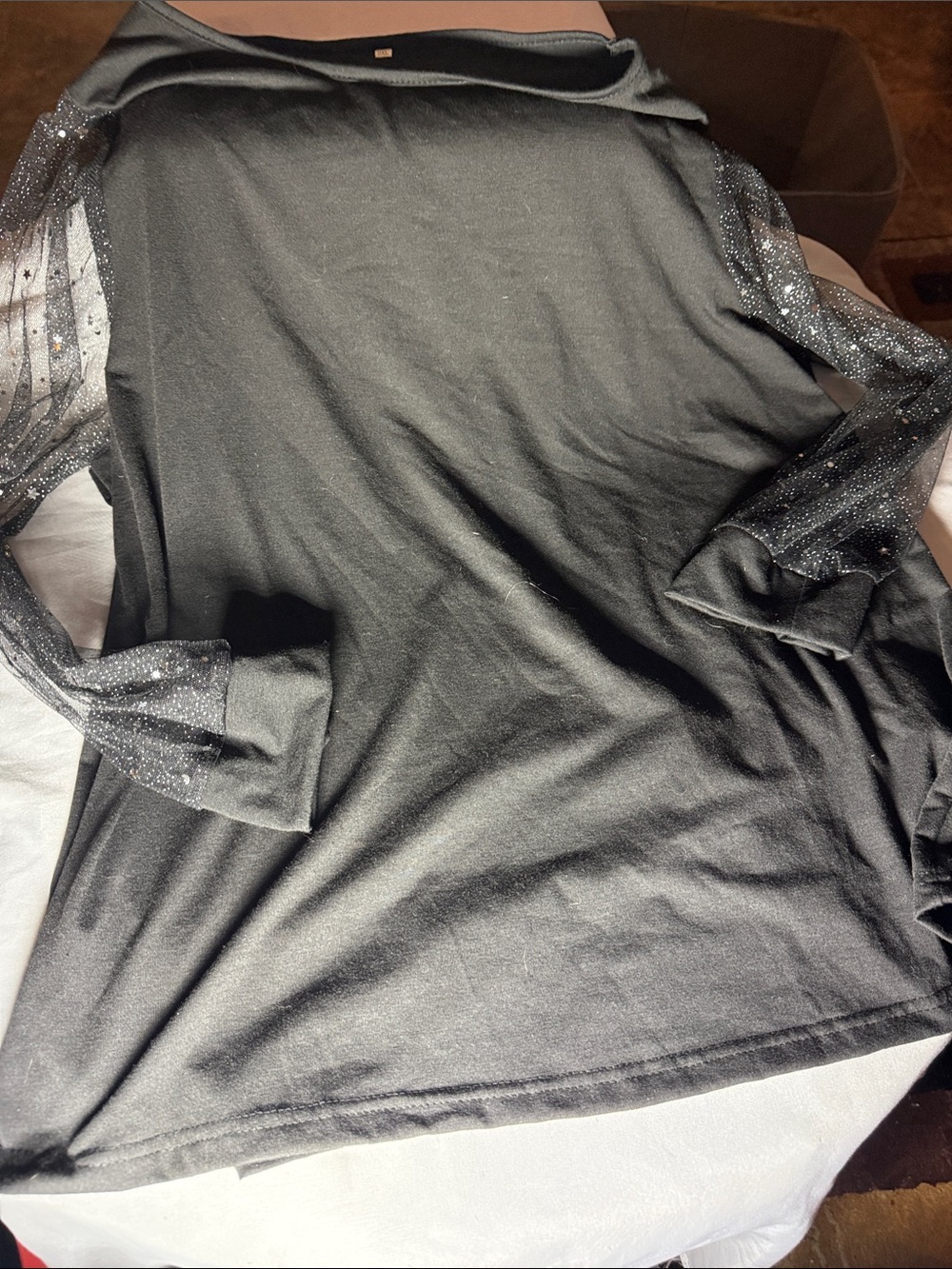 Black Long Sleeve Women's Top with Sheer Sparkle Sleeves- 2X